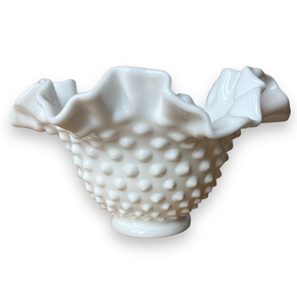 Fenton White Hobnail Milk Glass Ruffled Edge Bowl